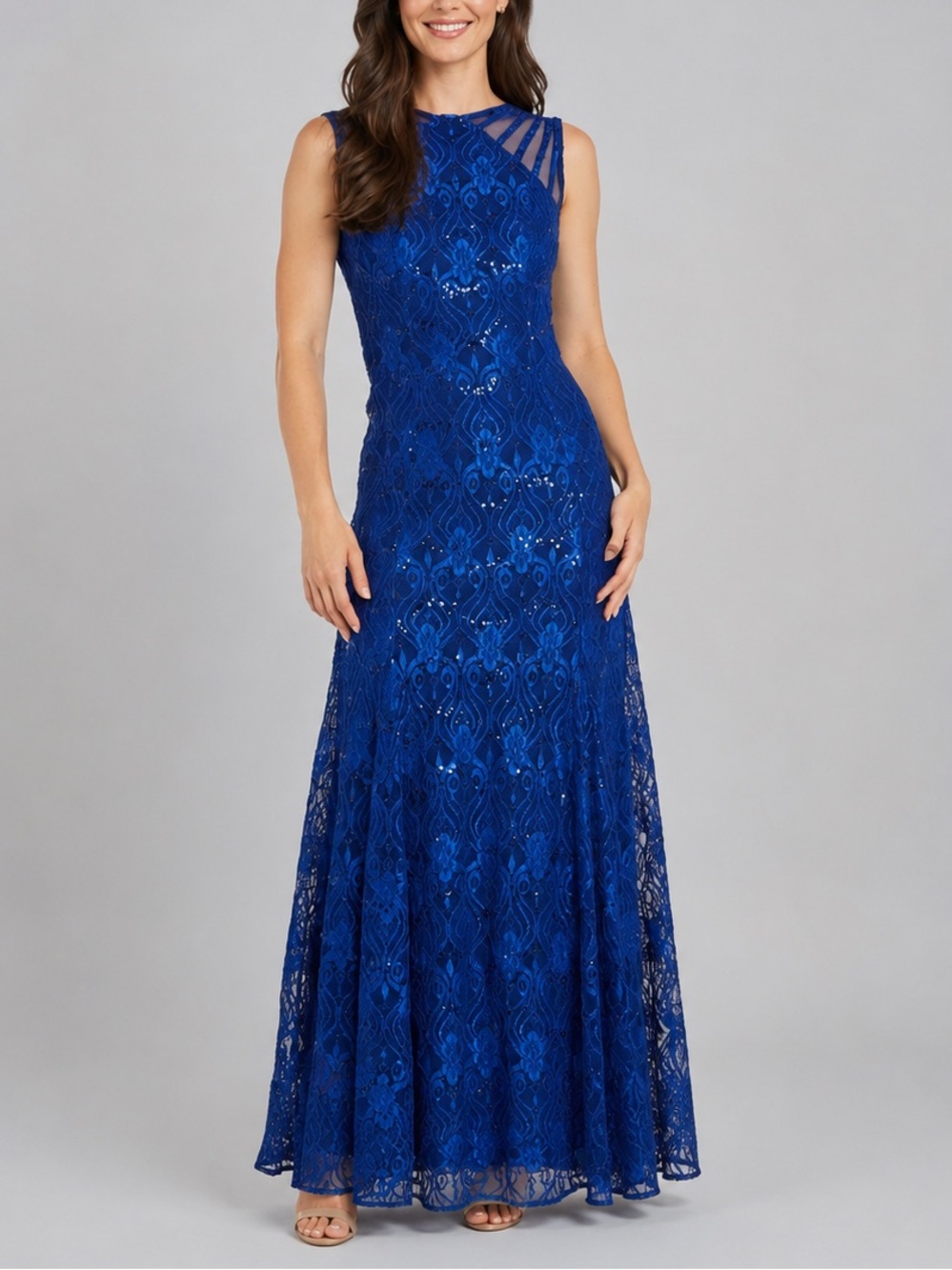 🆕🫐✨ R&M Richards Royal Blue Lace Maxi Dress Sequin Formal Evening Gown Size 8